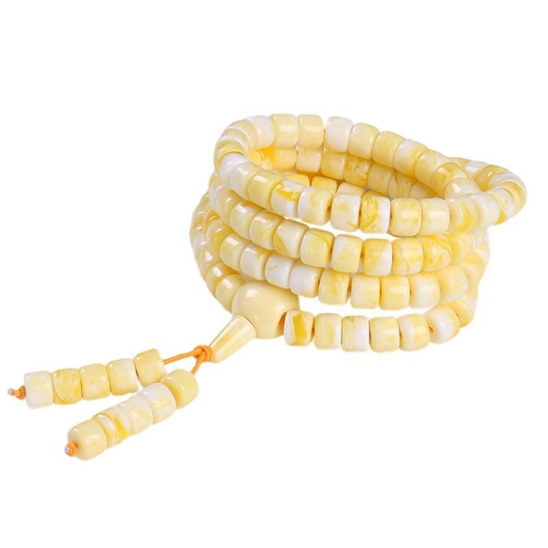 White Beeswax Prayer Beads with 108 Beads: Buddhist Bracelet & Necklace In Honey Amber.