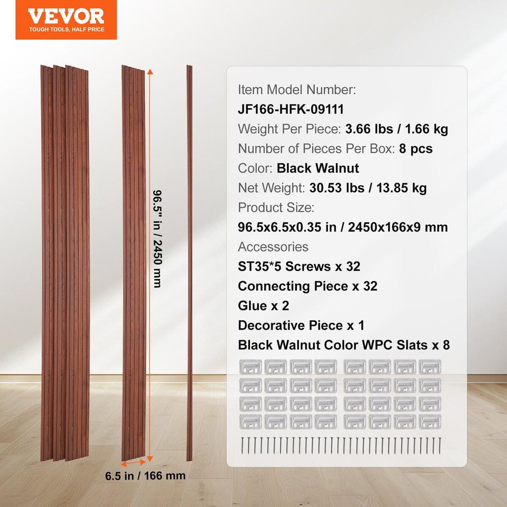 Wood Slat Acoustic Panels 8 PCS 96 X 6 Inch for Modern Wall Black Walnut