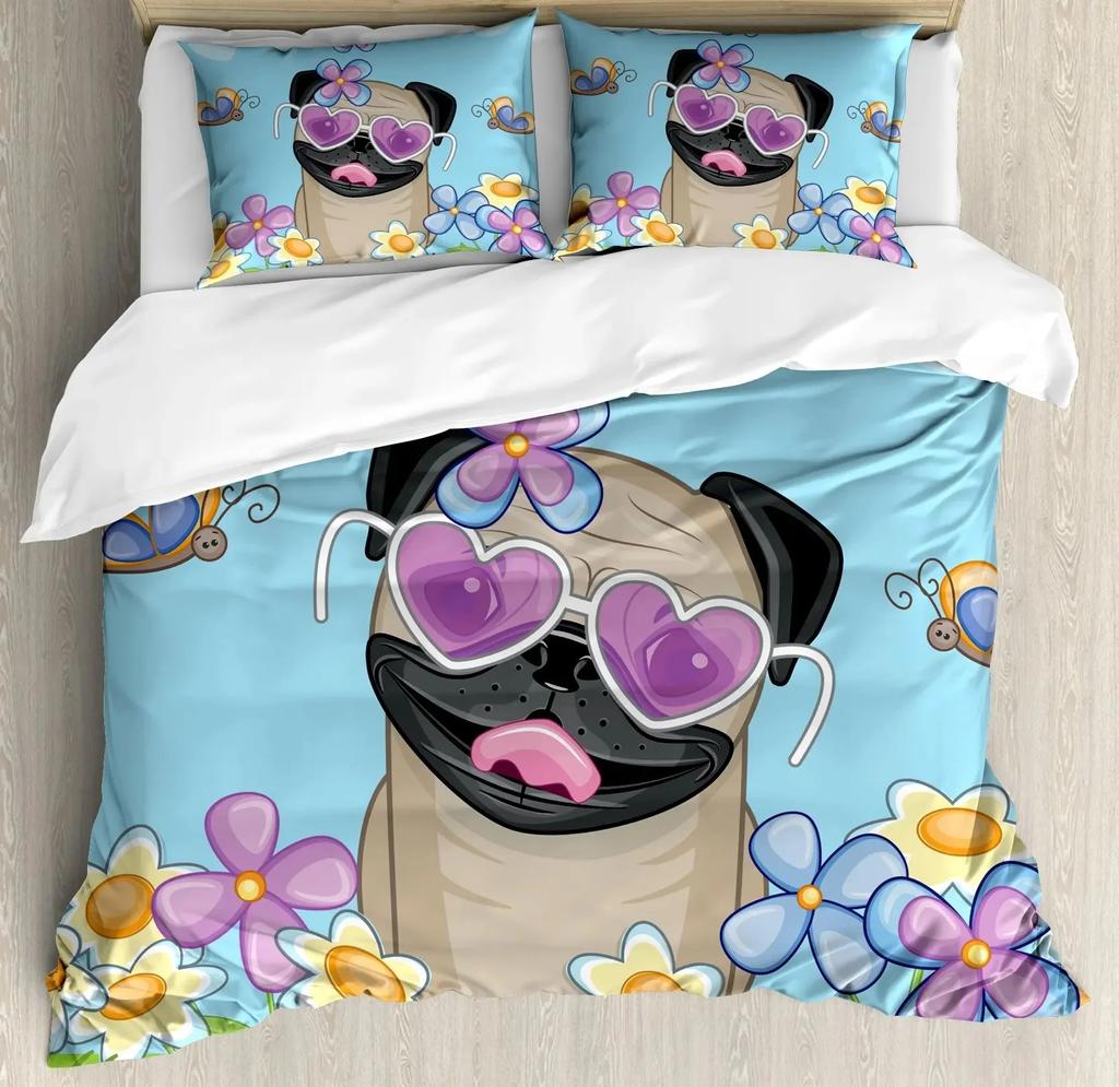 Cute Chihuahua Dog Duvet Cover Set,Girl Chihuahua Fashion Glasses Ribbons Puppy,Bedding Sets Twin Single King Size,Pale Pink