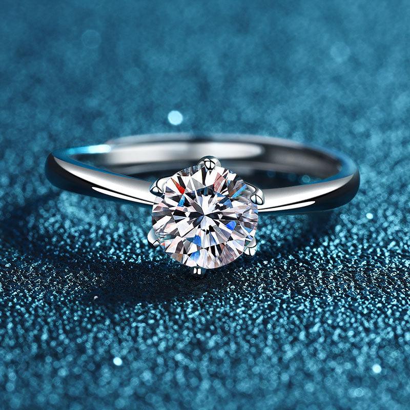 

925 Silver T Home Mozzarella Diamond Six-Claw Ring Women S Guochao Simple Diamond-Set Open Ring One Carat Proposal Diamond Ring opening adjustable