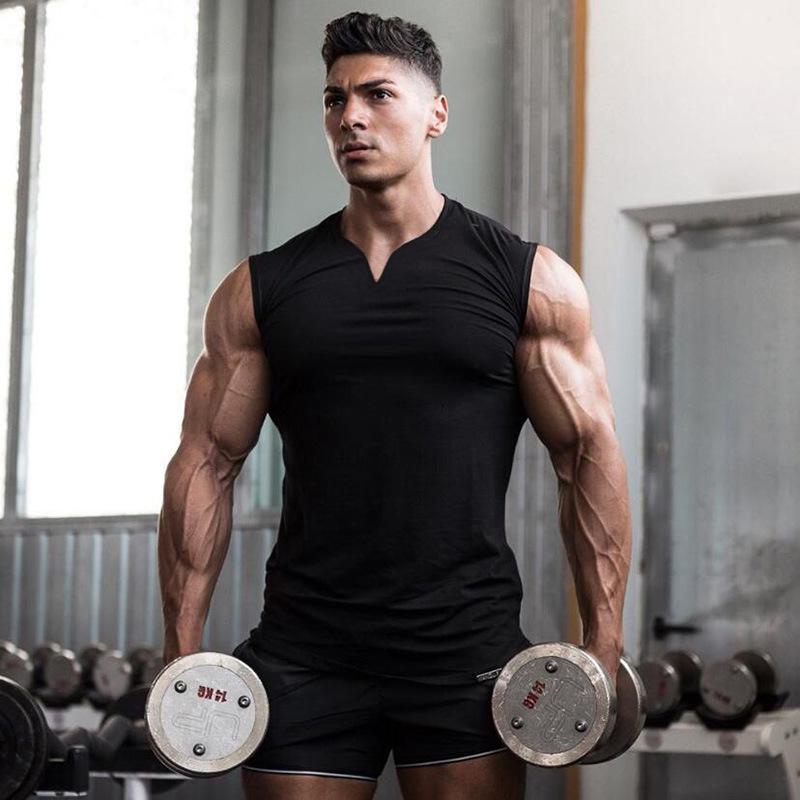 Pánské jednobarevné tílko s výstřihem do V na léto pro fitness a běh - bavlněné tričko bez rukávů