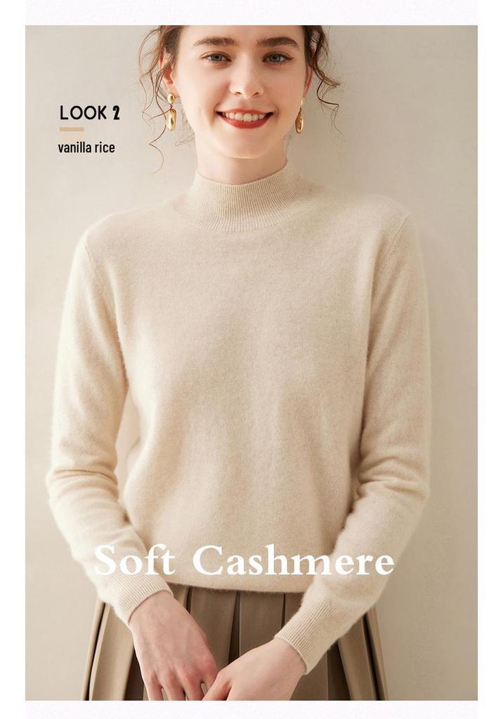 Women's Soft Cashmere Half-High Collar Sweater - Cozy, Loose-Fit, Solid Color, Gentle Style for Autumn/Winter.