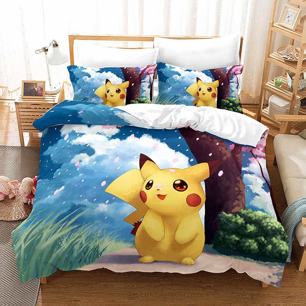 Cute Pikachu Animation Image 3D Digital Printing Bedding Three-Piece Set