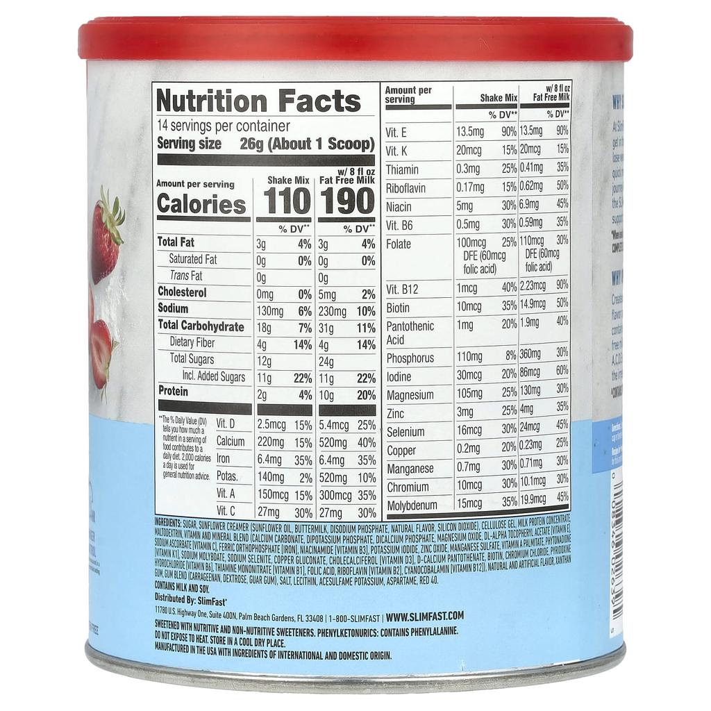 SlimFast Original, Meal Replacement Shake Mix, Strawberries & Cream, 12.83 Oz (364 G)