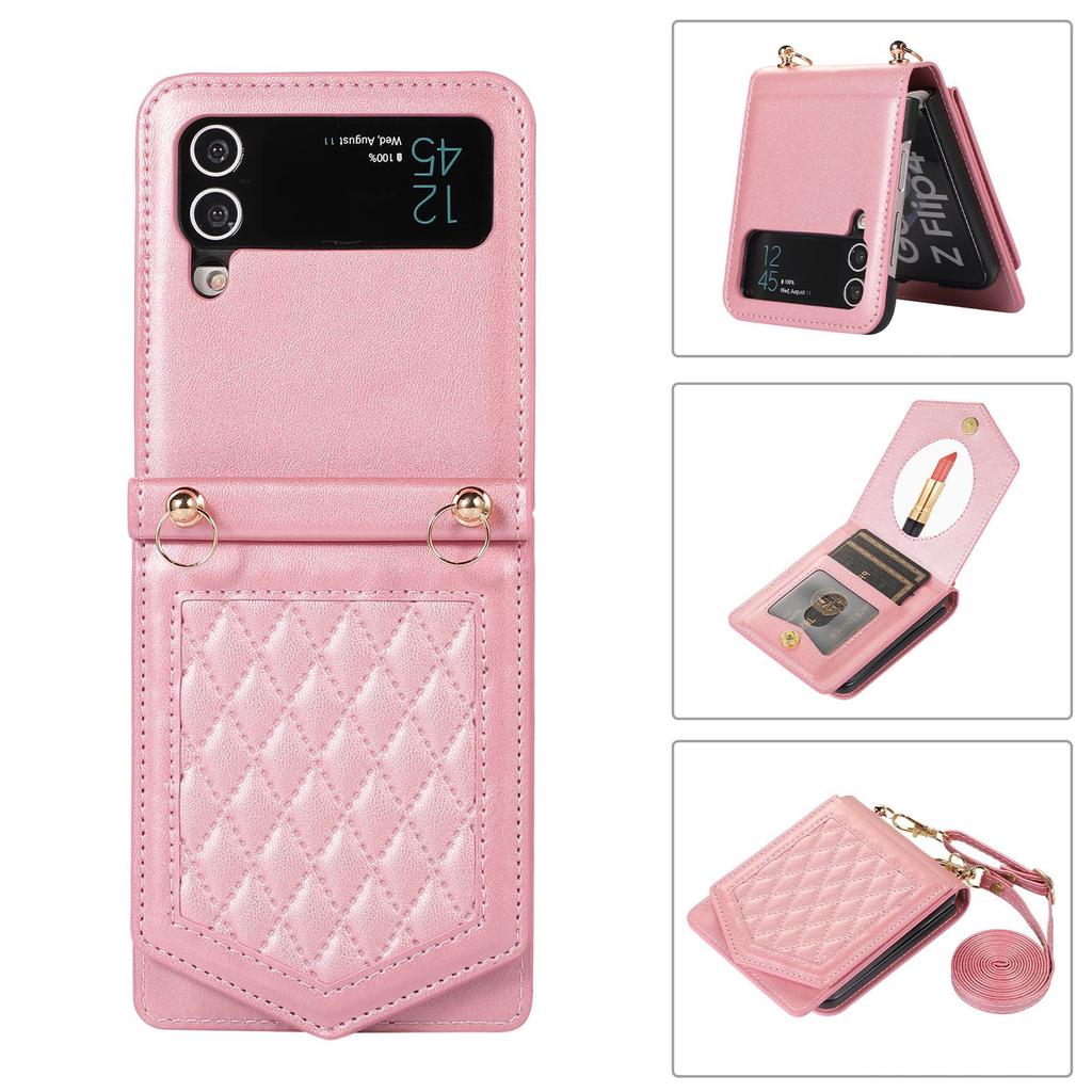 Samsung Z Flip Leather Flip Cover with Card Holder, Lanyard, Mirror, Anti-Theft - Compatible for Z Flip5, Flip4, Flip3.