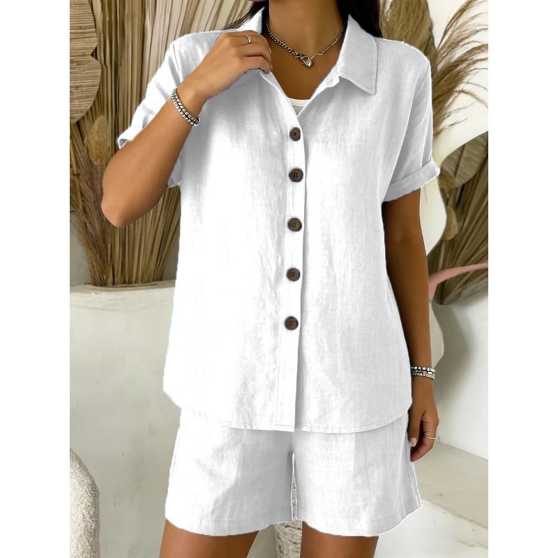 Set Casual con Camicia a Maniche Corte con Bottoni e Pantaloncini per Donna