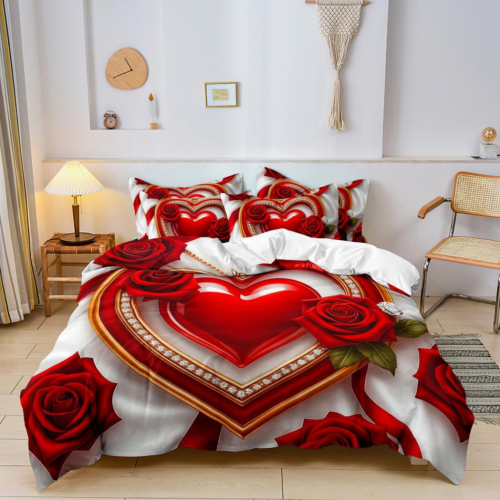 3-teiliges Romantisches Herzförmiges Rosenmuster Partner Bettbezug-Set zum Valentinstag, Bettwäsche-Set, Weicher Und Bequemer Bettbezug