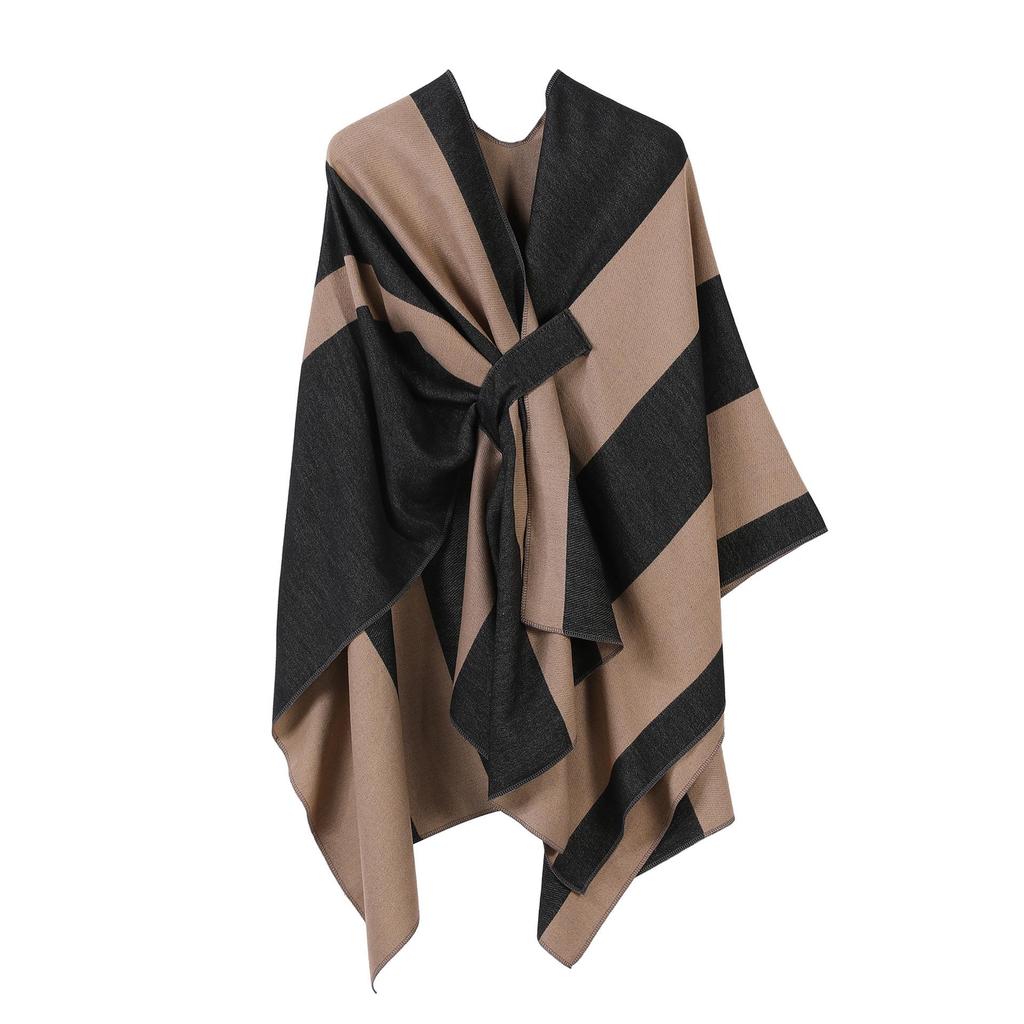 Women's European & American Double-Sided Solid Color Cape Shawl with Striped Edge