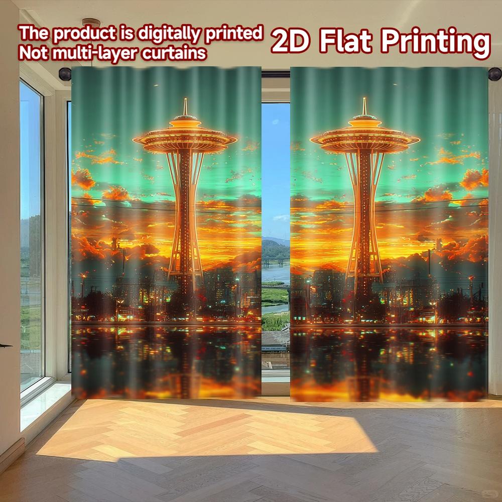 

2D FLAT PRINTING 2pcs Curtains (Without Rod) Futuristic City at Sunset April Fools is Day holiday curtains with digital printing 100*130 Grommet Top 1pcs