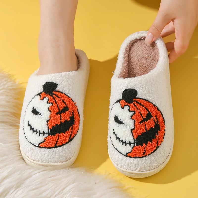 Winter Skull Print Halloween Plush Lined Warm Bag Toe Shoes Plush Home Indoor Cotton Slippers