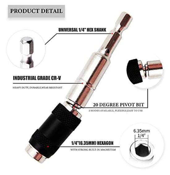 Right Angle Drill Attachment Impact Angled Magnetic Drill Bit Holder Swivel Drill Bit Impact Extension Set for Tight Spaces Adapter, 105° Driver,