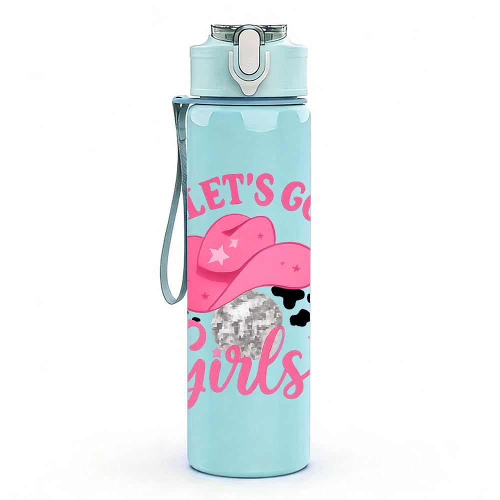 1PC Lets Go Girls Pink Glitter Quote Print 750ml Color Plastic Sports Water Bottle Leakproof Flip Straw Lid Suitable for Sports Office Home Use