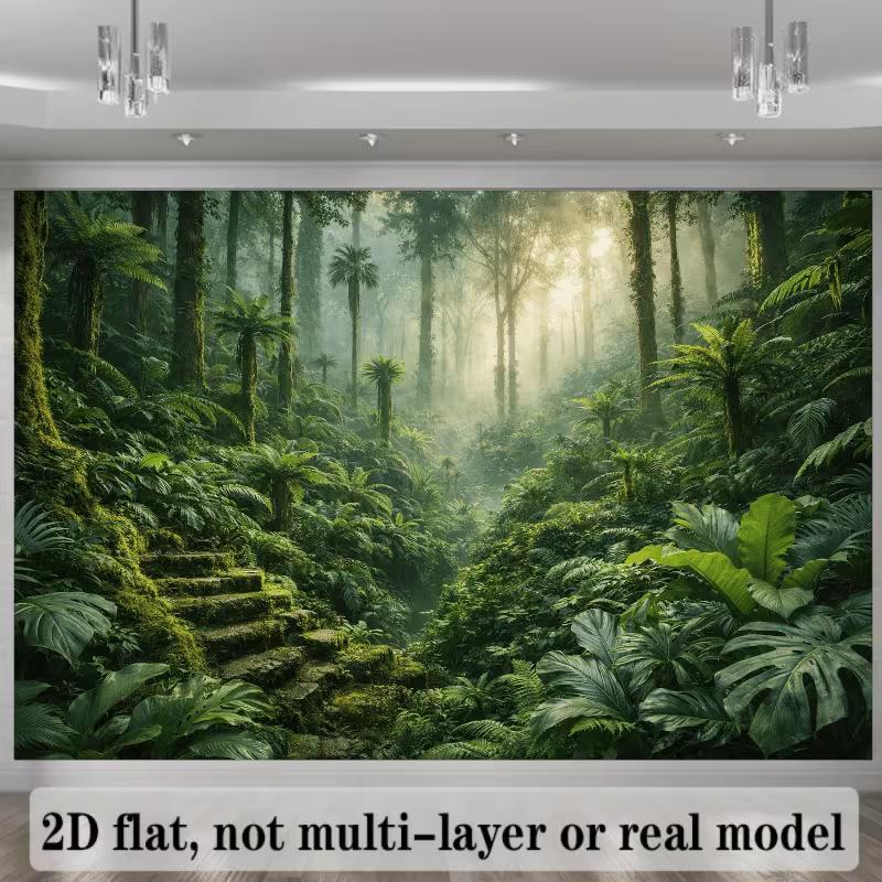 2D Mystical Forest Mural with Sunbeams and Tropical Plants Photo Background