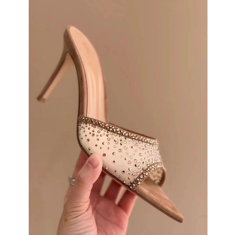 Fashion Rhinestone Mesh Cloth Slip On Women Slippers Pointed Toe Shallow Thin Heels Nude Suede Comfortable Indoor Sandals Crystal Bling