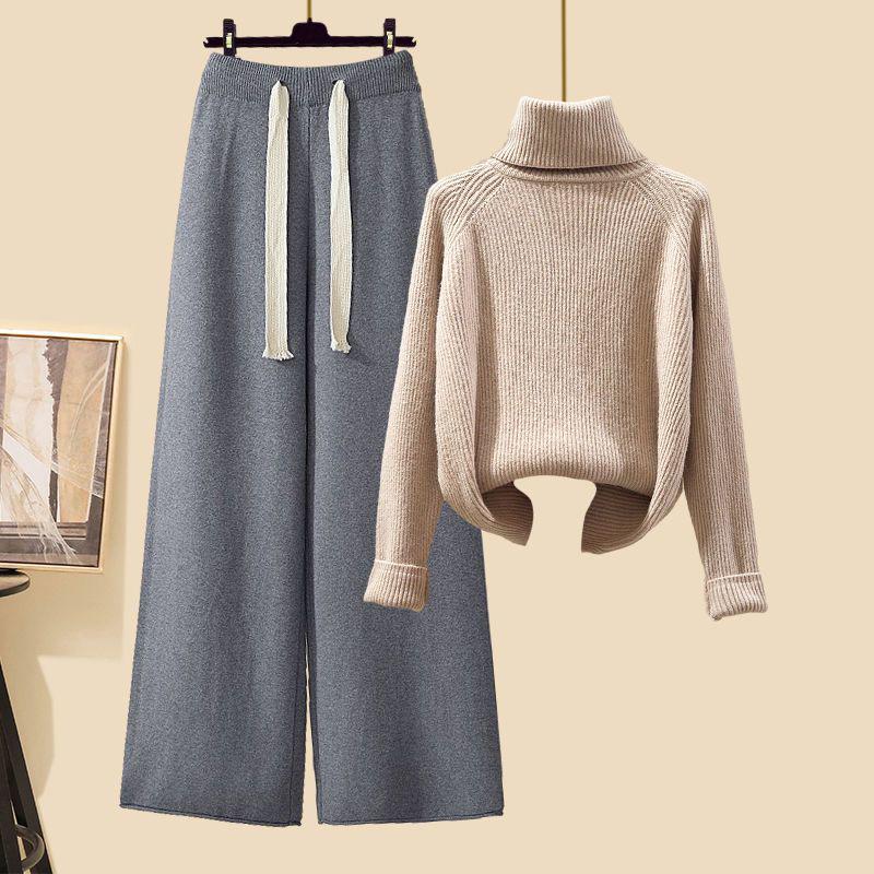 Autumn 2025 Knit Cardigan Set with High-Neck Sweater & Wide-Leg Pants