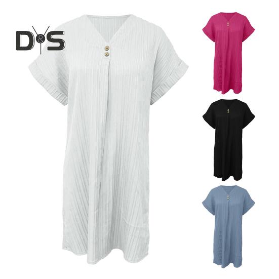 Summer Mini Dress Short Sleeves V Neck Loose Pure Color Dress Bohemian Buttons Casual Dress for Beach Vacation Daily Wear