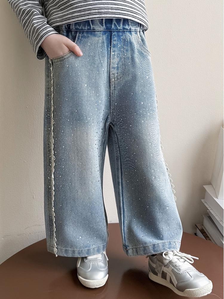 Girls' Rhinestone Lace Denim Pants - Spring/Autumn 2026: Stylish Wide-Leg Fashion for Little Girls