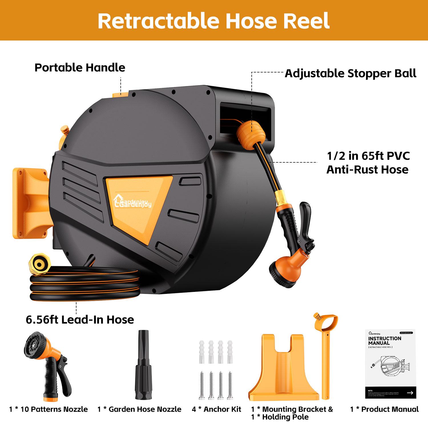 

GardenJoy Retractable Garden Hose Reel-1/2in-65ft Hose Reel Wall Mounted Hose Locking Mechanism Roll-up Automatic 65ft Orange