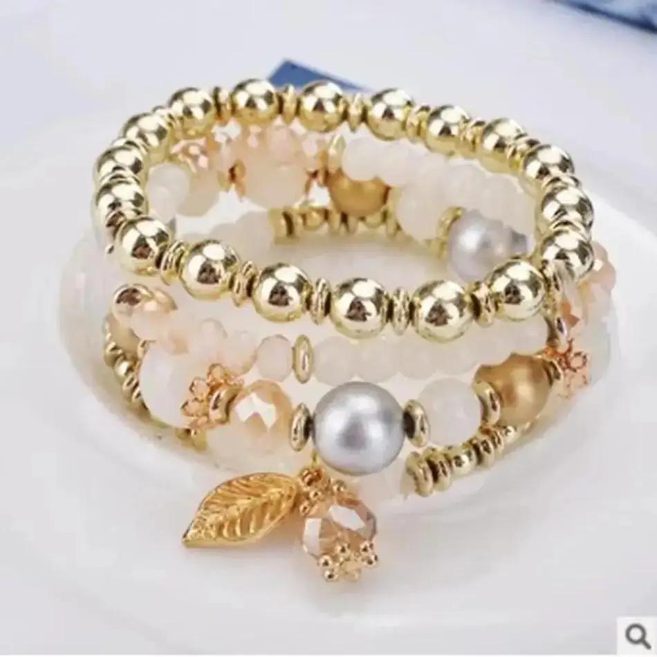 4 Pcs Fashionable And Simple Crystal Bead Pendant With Branches Leaves Versatile Multi-layer Bead Temperament Women's Bracelet