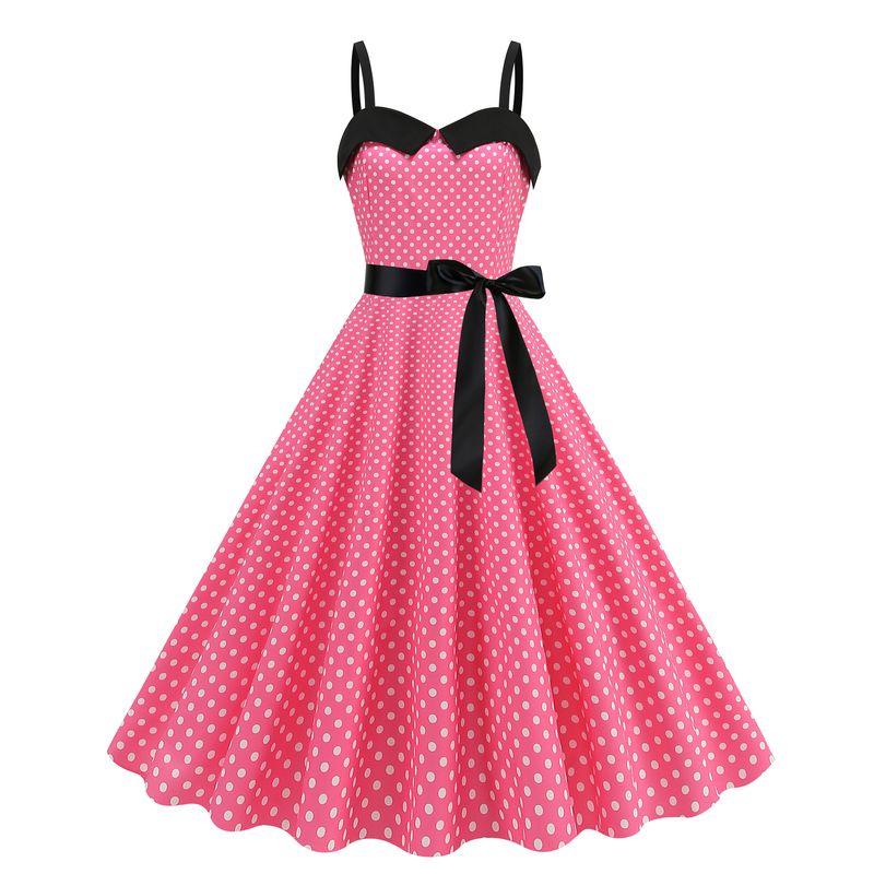 Sweet Retro S Summer Polka Dot Gingham Barbie Pink Color Matching Sleeveless Sling Dress Dance Skirt Morning Gowns