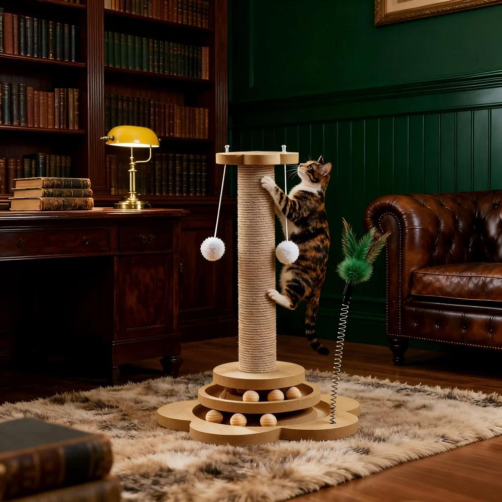 Pet Cat Toy Solid Wood Cat Turntable Funny Cat Stick Balls Durable Sisal Scratching Board Cat Supplies Cat Grab Column