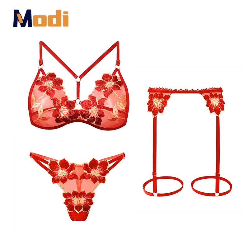 Erotic Lingerie Hot See-Through Embroidered Bra Female Large Size Passionate Temptation Sexy Panties Garter Three-Piece Suit