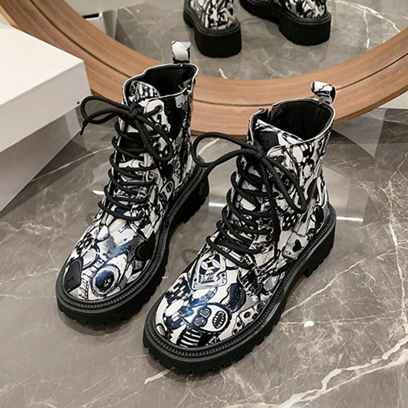 Fashion Comemore 2025 New Autumn Boots Graffiti Women's Shoes Printed Cartoon Lace-up Leather Ankle Boots Punk Style Thick Heeled Botas