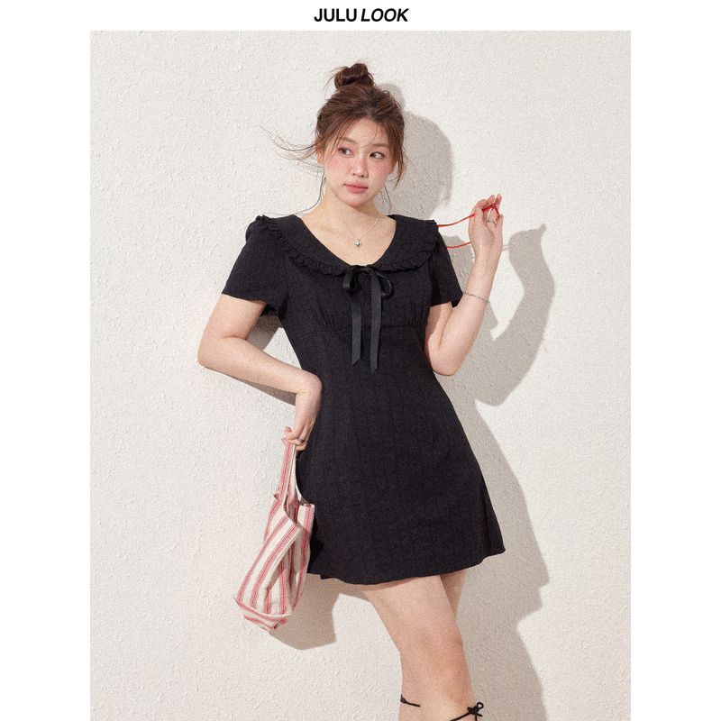 

Julu Studio Color Parade French-Style Bow-Tie Waist-Cinching A-Line Short Skirt Plus-Size Dress for Slightly Plump Women Black M