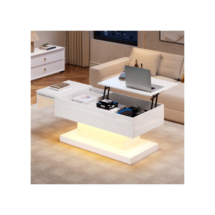 Table Basse LED - MUVOE - 100x50x45 Cm - Levage Hydraulique - Rangement Intégré - Finition Brillante