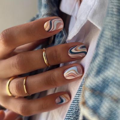 24pcs Blue Press On Nails Square Fake Nails Spring Summer Blue White Stripe Wave Design Short Full Cover Nails Stick On Nails For Women