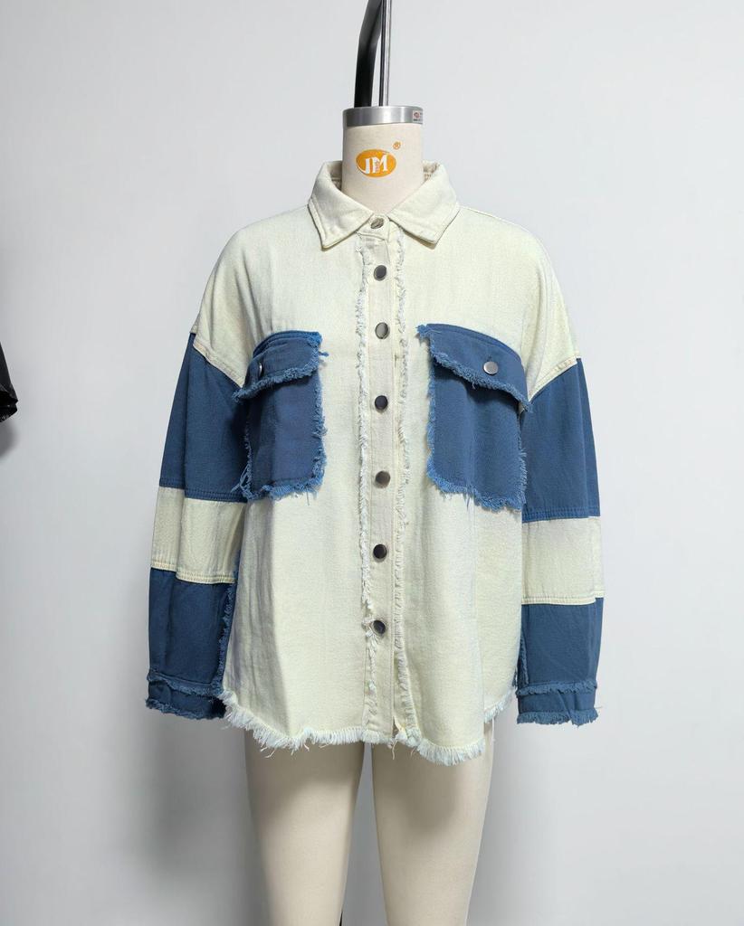 2026 Spring/Summer Women's Distressed Color Block Denim Jacket with Frayed Edges