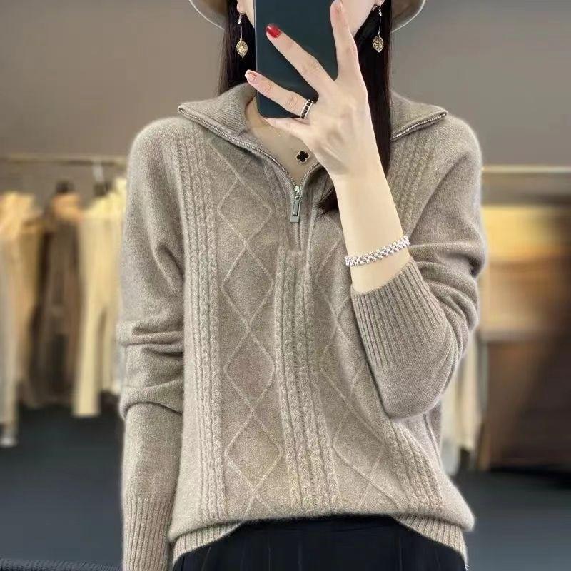 Autumn Winter Women's Stand Collar Sweater Solid Color Pullover Sweater Knit Top