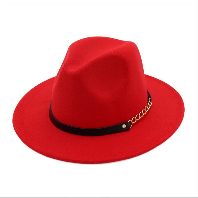 Wzcx Solid Color Korean Version Women Jazz Hat Autumn Winter Casual Tide Belt Vintage Red Felt Hat Adult Cap