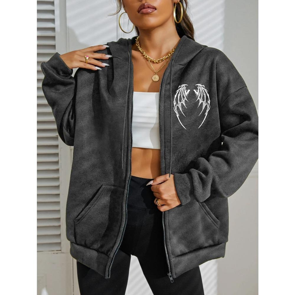 His Angel Creative Wings Art Letter Printing Zipper Hoodies Woman Hoodie Casual Soft Hoody Fleece Comfortable Streetwear
