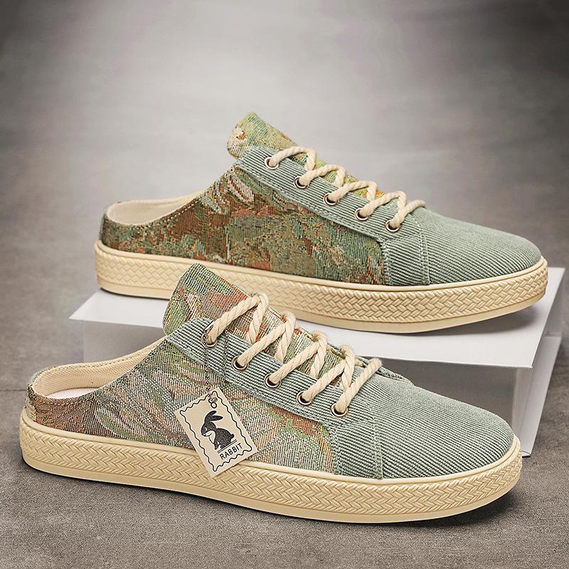 

Мужские летние сандалии из парусины без застежек - модные белые полутапочки без каблука с закрытым носком 41 зелёный