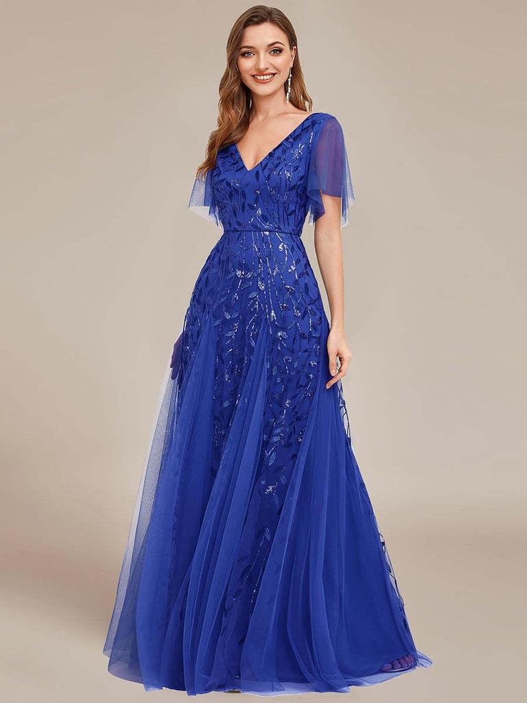2026 Summer European & American V-neck Patchwork Mesh Evening Gowns for Banquets & Performances
