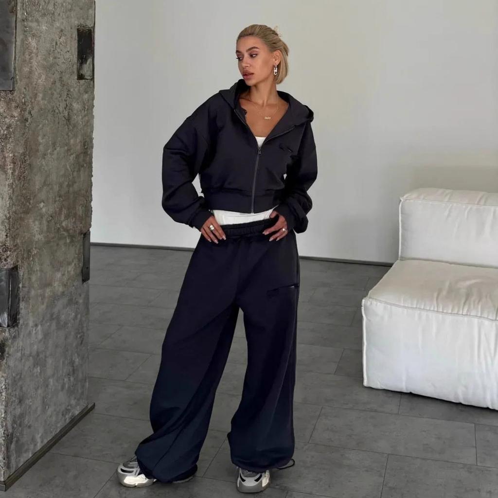 1116 Lässiger Anzug Damen Western Street Style Langarm Kapuzen-Cardigan Elastische Lange Hose Zweiteiliges Set