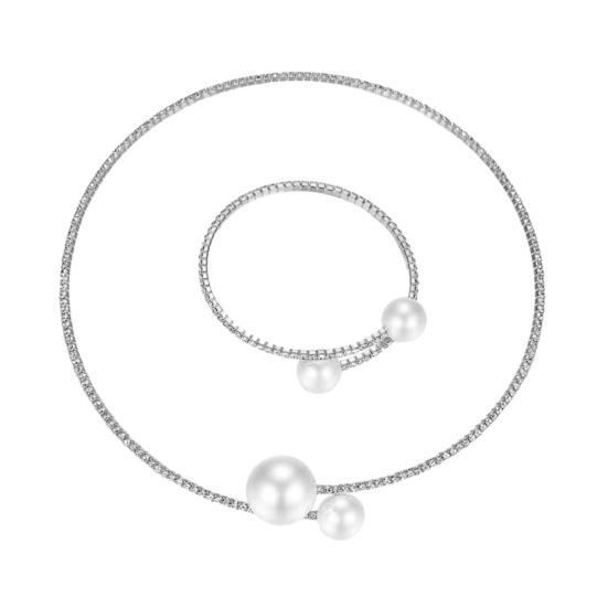 2Pcs/Set Women Elegant Faux Set Pearls Shiny Rhinestones Jewelry Adjustable Open Collar Necklace Bangle Set
