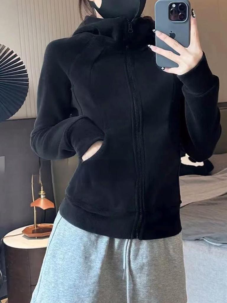 Damen Schwarze Fleecegefütterte Slim Fit Windjacke, Herbst/Winter 2025, Stehkragen, Normale Schulter.