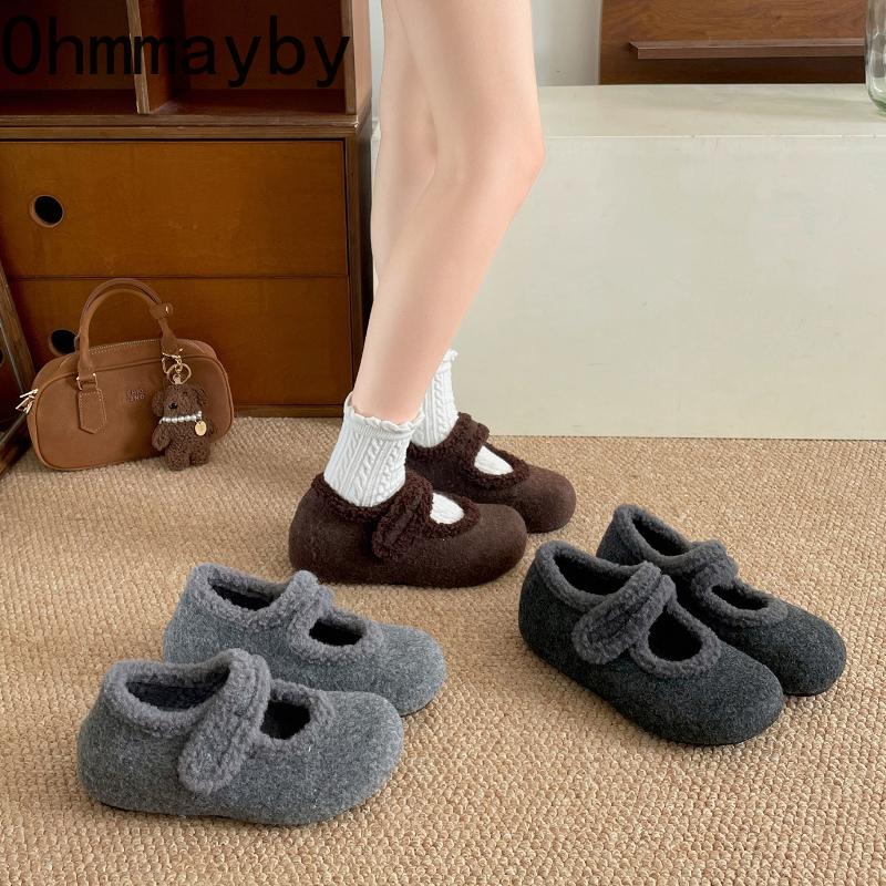 Autumn Woolen Fabric Women Flats Shoes Comfort Soft Sole Mary Jane Shoes Warm Cotton Outdoor Shoes For Winter
