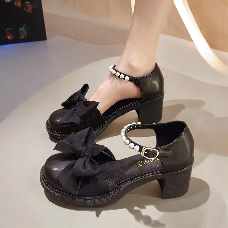 Mary Jane French high heels women's summer new pearl bow thick heel non-slip versatile small leather shoes bridesmaid shoes