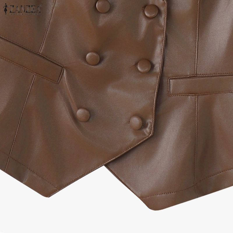 ZANZEA Women Casual V-Neck Sleeveless Faux PU Leather Cardigan Vest