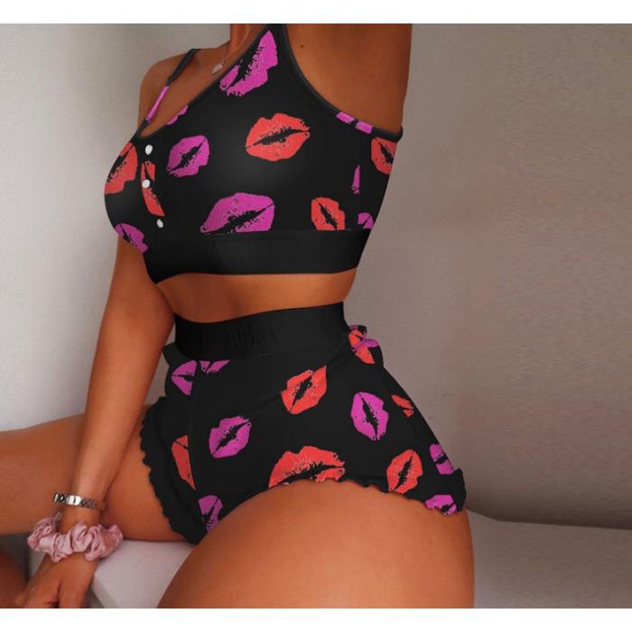 GMXIA Fashionable Strawberry Printed Halter Two-piece Home Wear and Sweet Pajamas