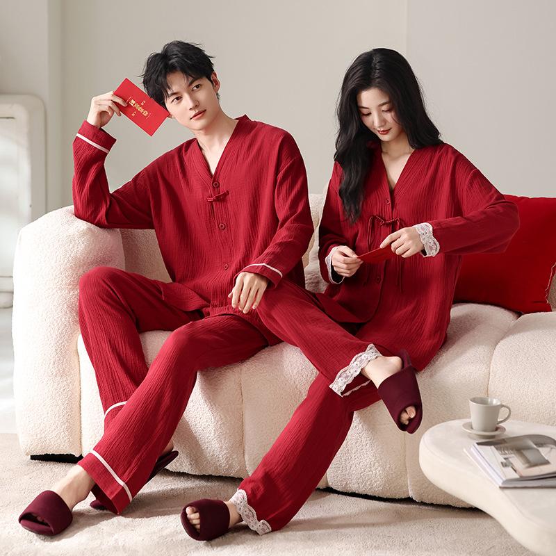 Couple pajamas women's spring and autumn pure cotton long-sleeved suit men's autumn and winter wedding red natal year loungewear