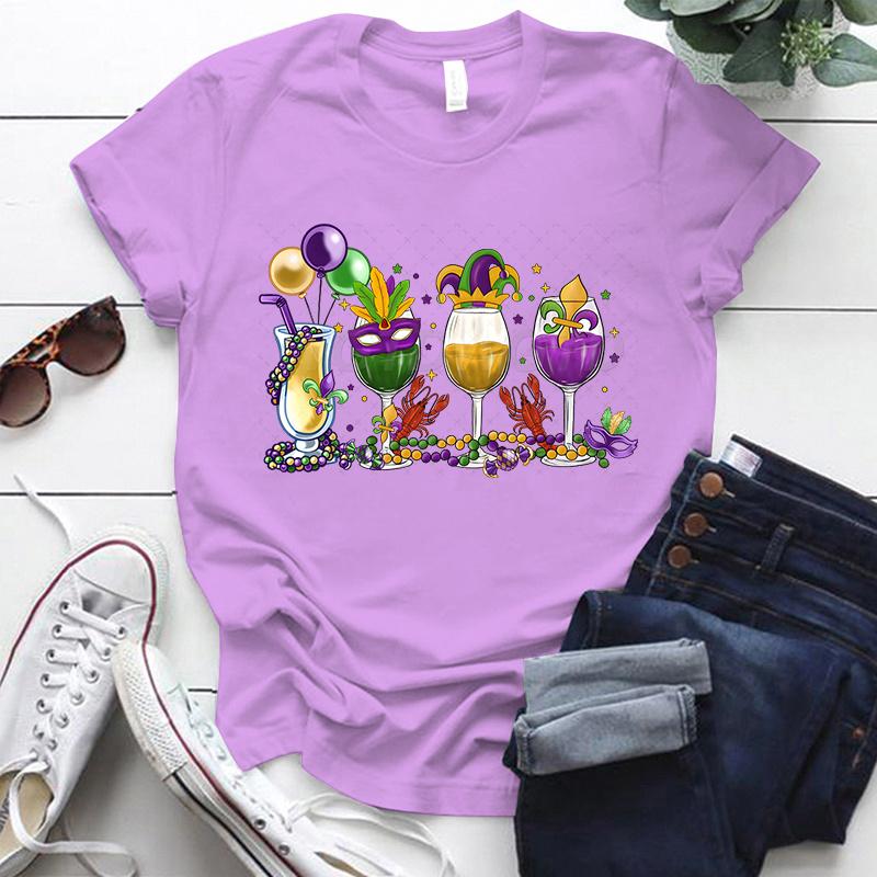 Mardi Gras Drink Shirt for Women Fat Tuesday Wine Graphic Tee Mardi Gras Drinking Party Classic Tops Carnival Vintage T Shirts
