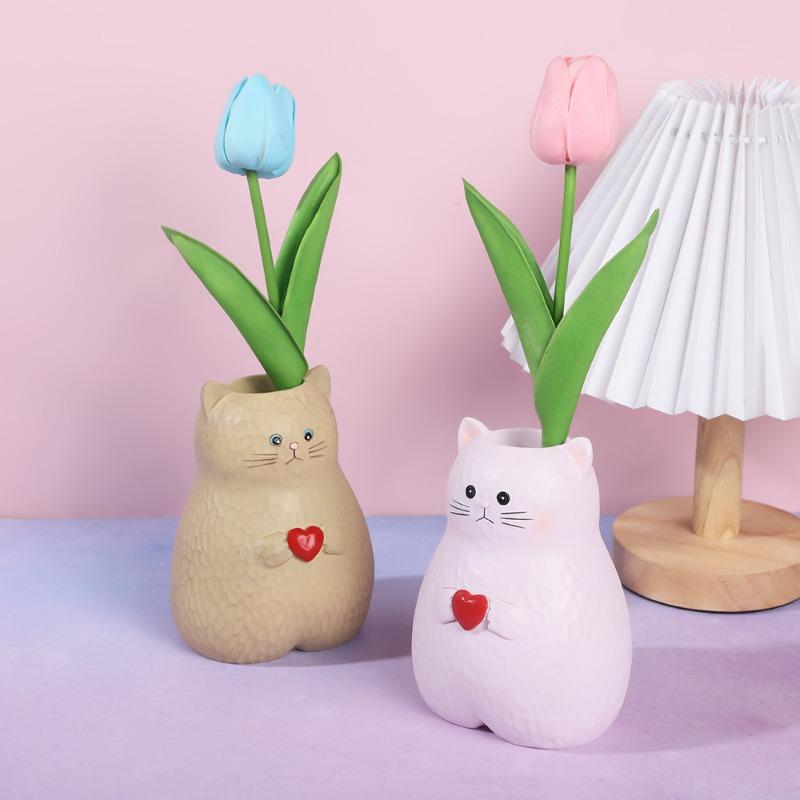 Creative Desktop Planter Cute Cat Shape Vase Ornament Resin Vase Decoration Hydroponic Plant Container Home Decor Accessories