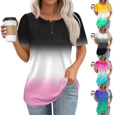 Women's Fashionable Casual Short Sleeve Button Print Round Neck Pullover Top