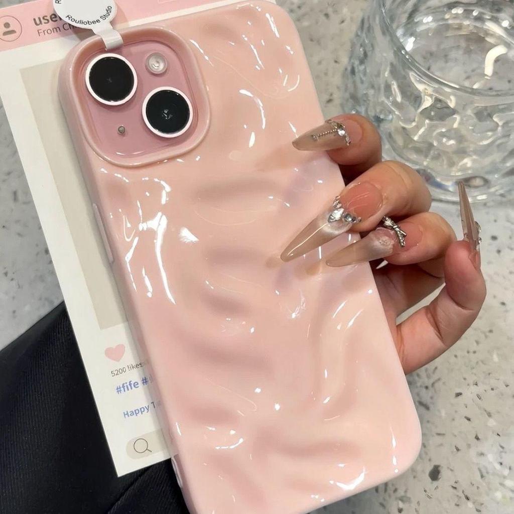 Wave Pleat Shell for Apple 16 Pro Max: 3D Meteorite Pattern Phone Case, Compatible with iPhone 13, 14, 15, and 15 Pro, Solid Color.