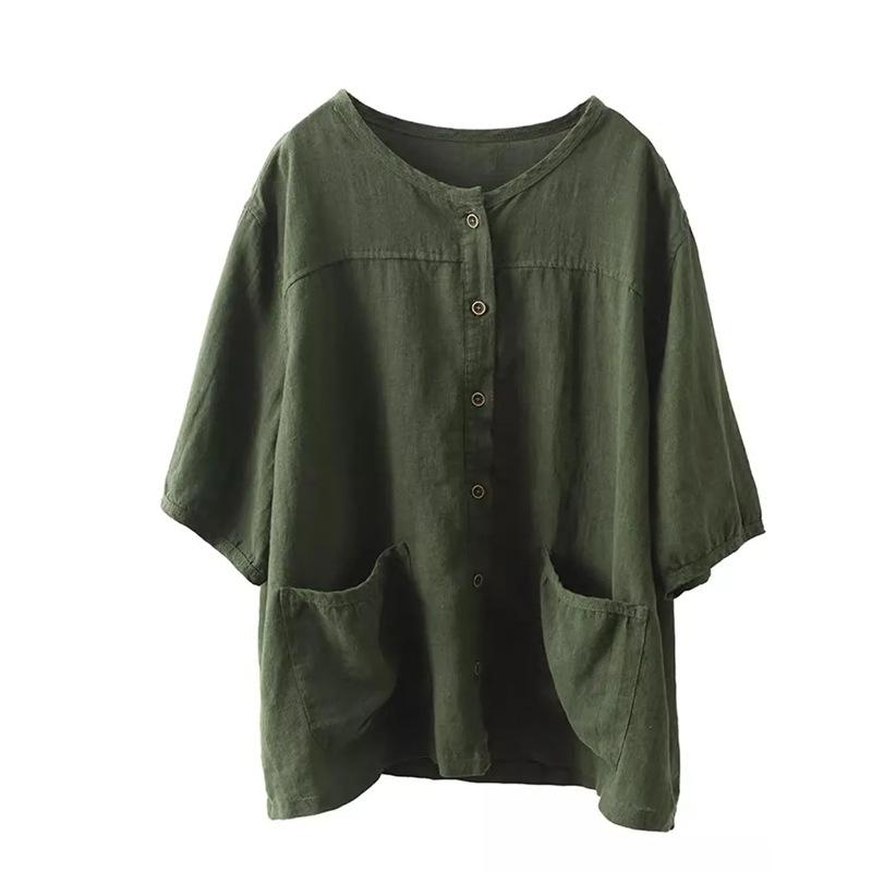 Women's 2024 Summer Cotton Linen Mid-Sleeve Cardigan Shirt - Casual, Slimming, Single-Breasted Design