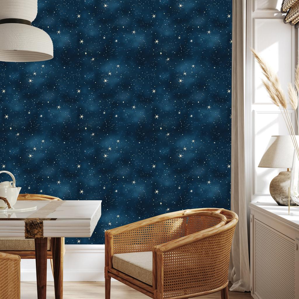 Navy and Turquoise Wallpaper Watercolor Galaxy, Soft Forms 50x1000